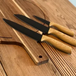Couteau de cuisine en acier inoxydable et effet bois, 3 pièces