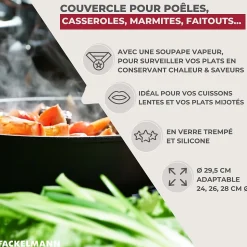 Couvercle de cuisson adaptable de 24 à 28 cm en verre et silicone Fackelmann