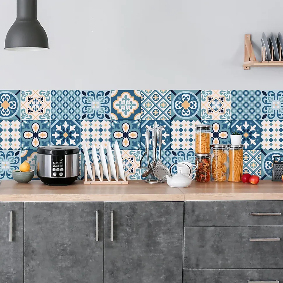 Crédence adhésive carreaux de ciment bleu et beige 60x100 cm