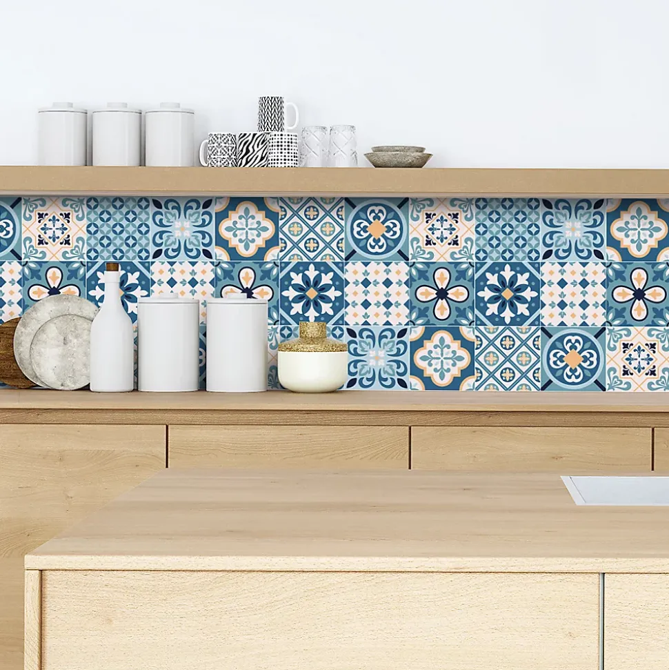 Crédence adhésive carreaux de ciment bleu et beige 60x100 cm