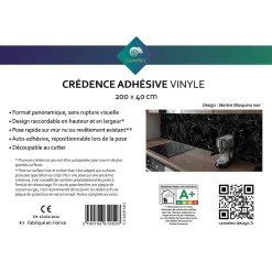 Crédence cuisine adhésive en vinyle imitation marbre Marquina noir, 200 x 40 cm, design raccordable