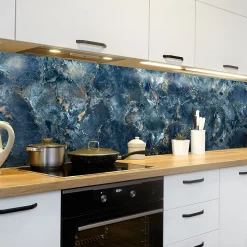 Crédence cuisine adhésive en vinyle imitation marbre bleu et or, 200 x 40 cm, design raccordable