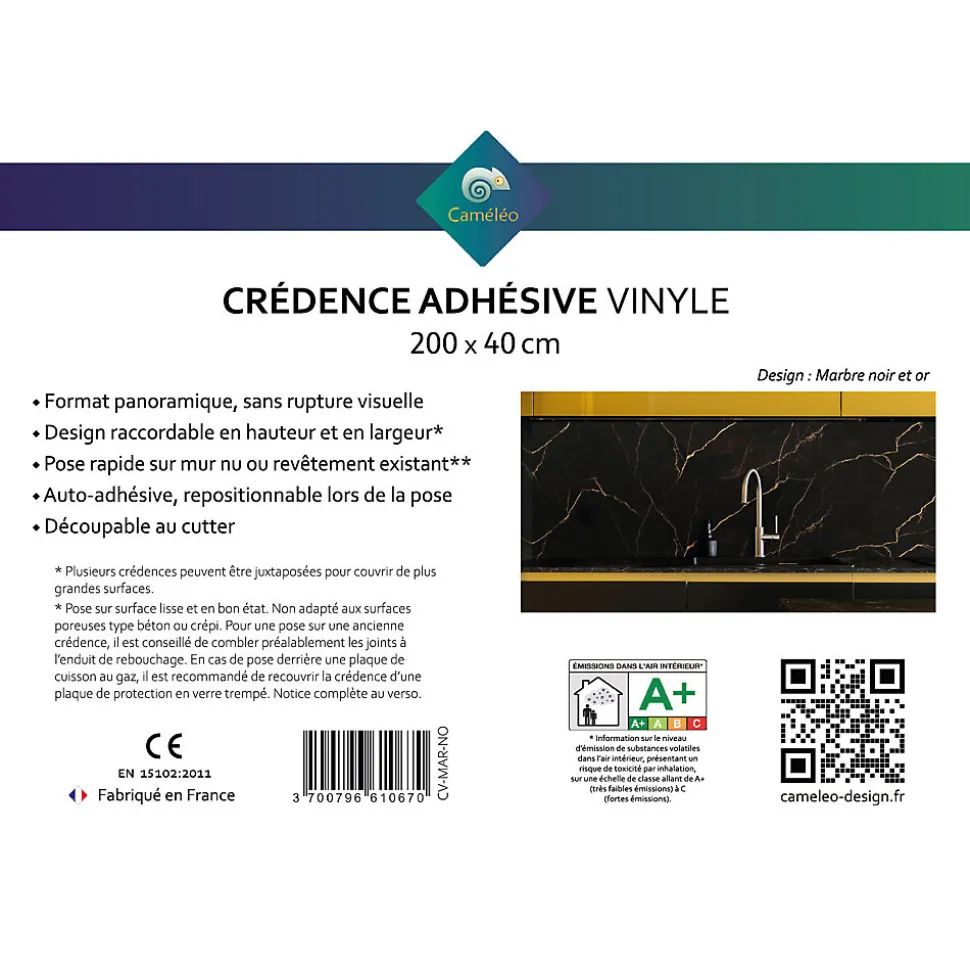 Crédence cuisine adhésive en vinyle imitation marbre noir et or, 200 x 40 cm, design raccordable