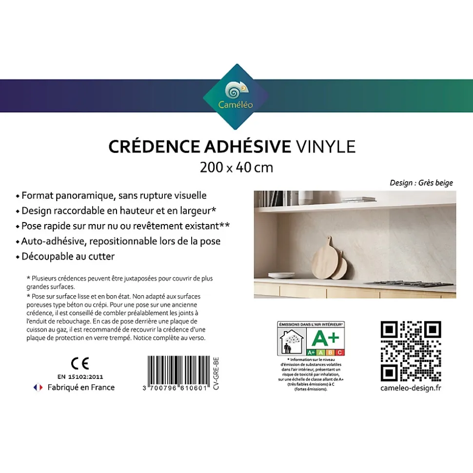 Crédence cuisine adhésive en vinyle imitation grès beige, 200 x 40 cm, design raccordable