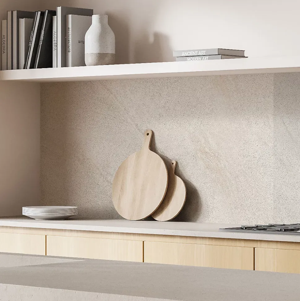 Crédence cuisine adhésive en vinyle imitation grès beige, 200 x 40 cm, design raccordable