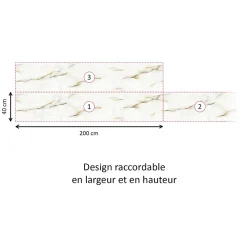 Crédence cuisine adhésive en vinyle imitation onyx blanc et or, 200 x 40 cm, design raccordable