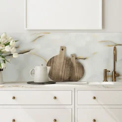 Crédence cuisine adhésive en vinyle imitation onyx blanc et or, 200 x 40 cm, design raccordable