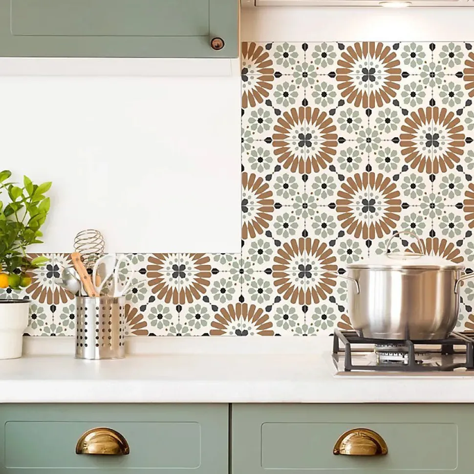 Crédence cuisine en aluminium - effet carreaux de ciment marron et vert - 180x20 cm (en 2 bandeaux)