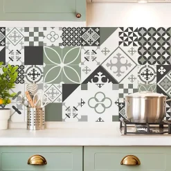 Crédence cuisine en aluminium - effet carreaux de ciment vert - 240x50 cm (en 2 bandeaux)