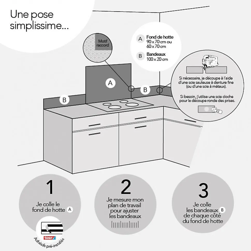 Crédence cuisine en aluminium - effet carreaux de ciment gris - 200x20 cm (en 2 bandeaux)