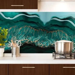 Crédence cuisine en aluminium - effet marbre bleu - 360x50 cm (en 3 bandeaux)