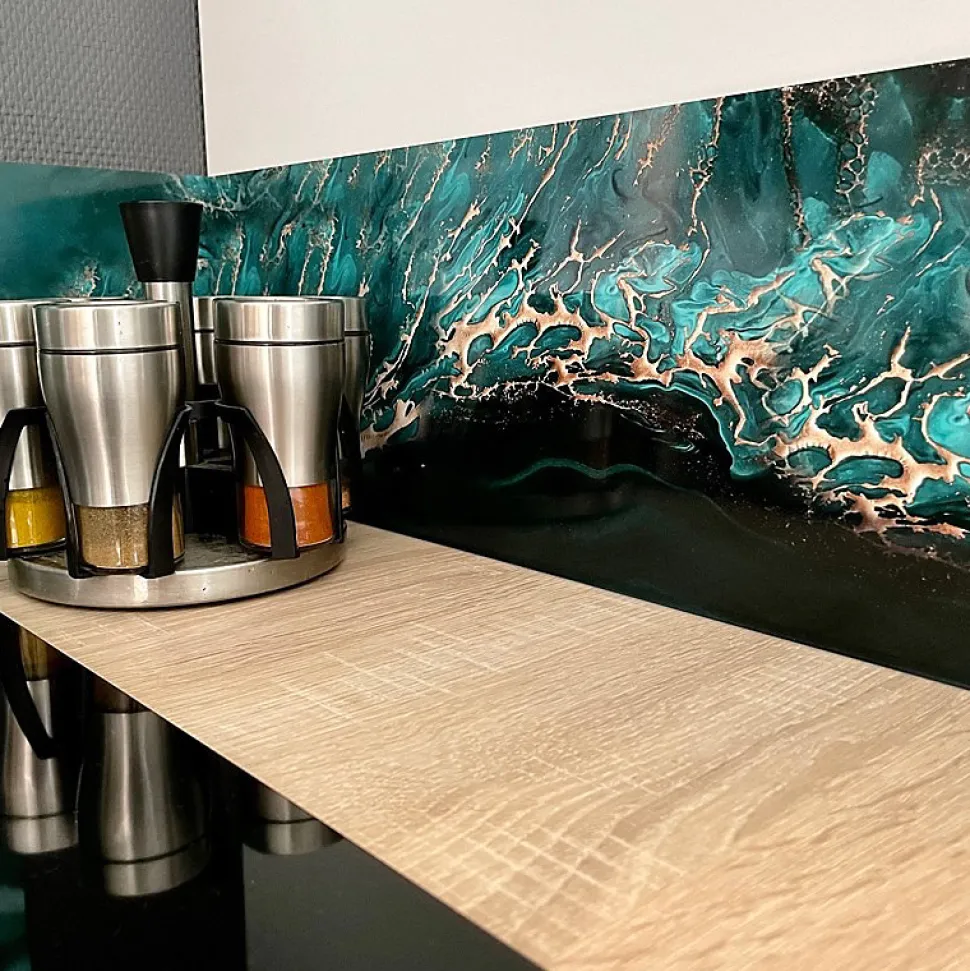 Crédence cuisine en aluminium - effet marbre bleu - 360x50 cm (en 3 bandeaux)