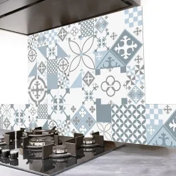 Crédence cuisine en aluminium - effet carreaux de ciment bleu - 200x20 cm (en 2 bandeaux)