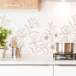 Crédence cuisine en aluminium - motif floral blanc et terracotta - 360x50 cm (en 3 bandeaux)