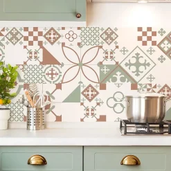 Crédence cuisine en aluminium - effet carreaux de ciment vert terracotta - 240x50 cm (en 2 bandeaux)