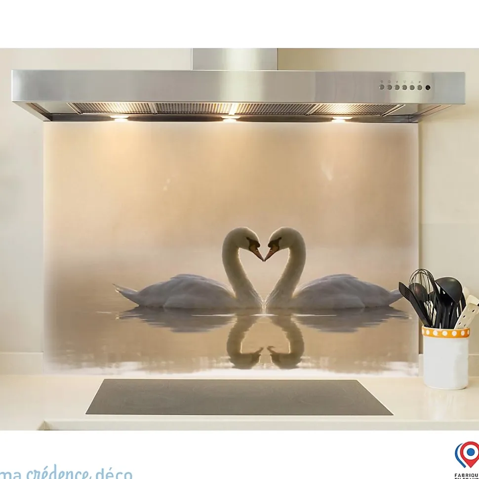 Crédence cuisine fond de hotte cygnes et coeur - Verre trempé - L 60 cm x H 45 cm - MaCrédenceDéco