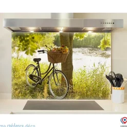 Crédence cuisine fond de hotte Vélo et panier - Verre trempé - L 90 cm x H 60 cm - MaCrédenceDéco