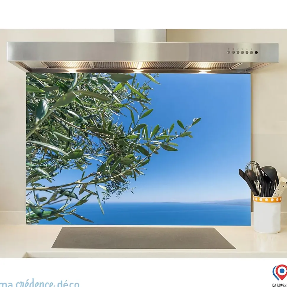 Crédence cuisine fond de hotte Mer avec olivier - Alu composite - L 60 cm x H 45 cm - MaCrédenceDéco