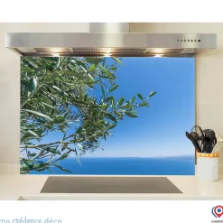 Crédence cuisine fond de hotte Mer avec olivier - Alu composite - L 60 cm x H 45 cm - MaCrédenceDéco