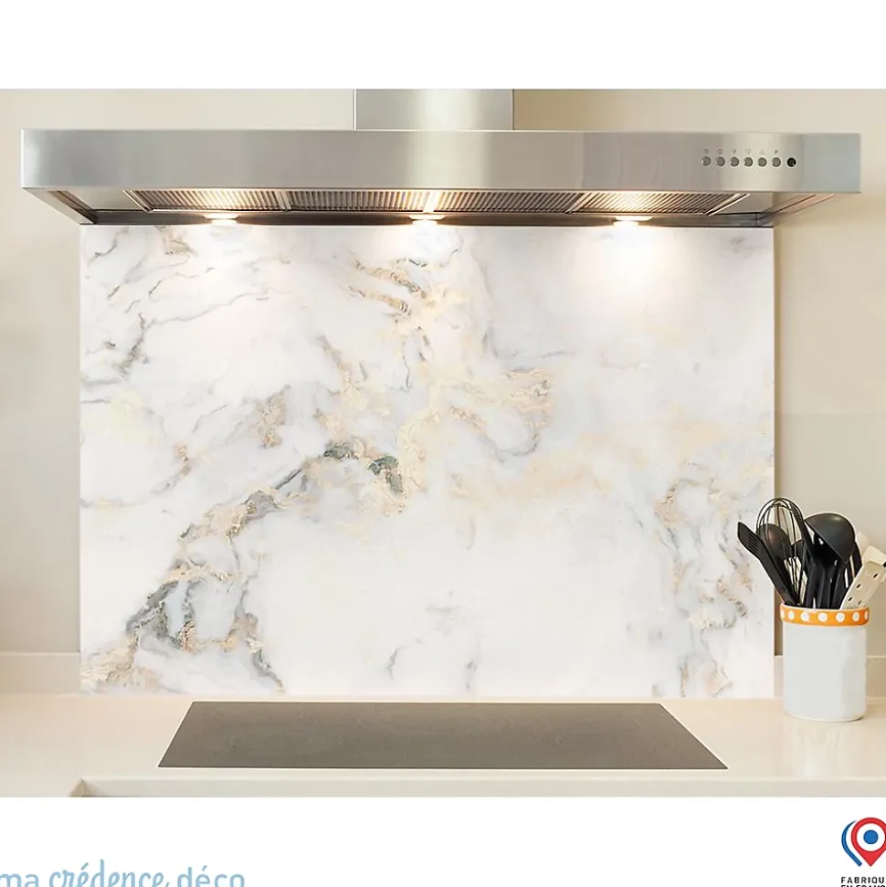 Crédence cuisine fond de hotte Marbre blanc doré - Alu composite - L 70 cm x H 60 cm - MaCrédenceDéco