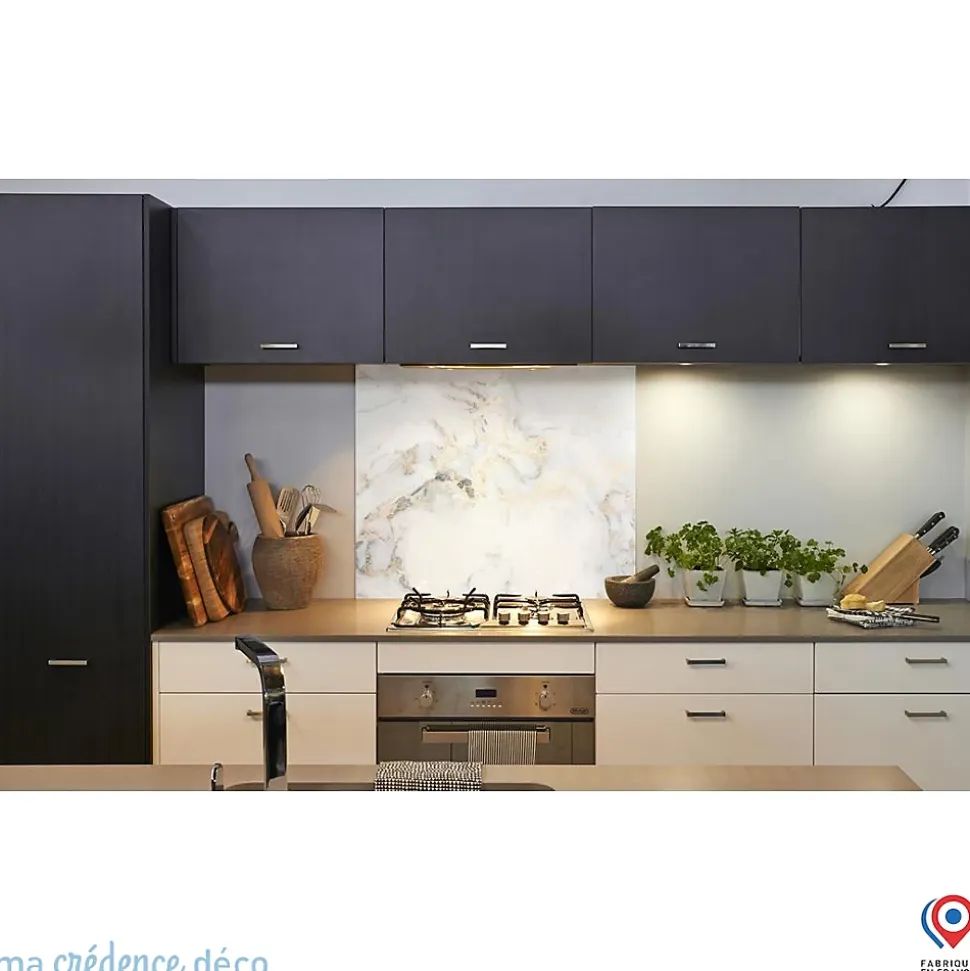 Crédence cuisine fond de hotte Marbre blanc doré - Alu composite - L 70 cm x H 60 cm - MaCrédenceDéco