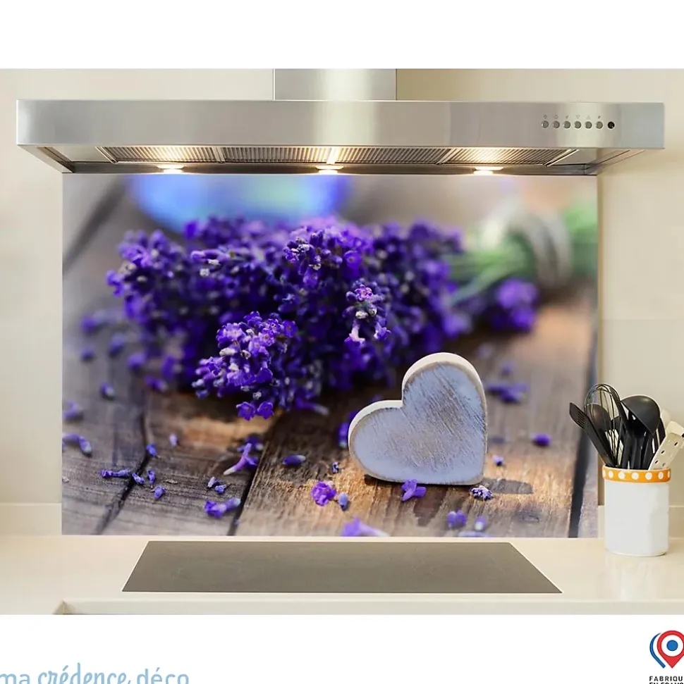 Crédence cuisine fond de hotte Lavande et cœur - Verre trempé - L 90 cm x H 70 cm - MaCrédenceDéco