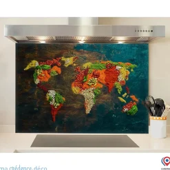 Crédence cuisine fond de hotte Epices et carte du monde 1 - Verre trempé - L 90 cm x H 70 cm - MaCrédenceDéco