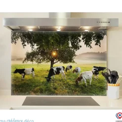 Crédence cuisine fond de hotte Arbre et vaches - Verre trempé - L 90 cm x H 60 cm - MaCrédenceDéco