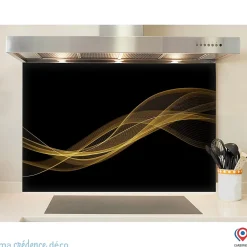 Crédence cuisine fond de hotte Courbe dorée 2 - Verre trempé - L 90 cm x H 70 cm - MaCrédenceDéco