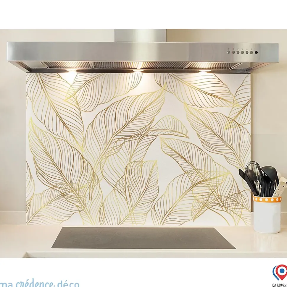Crédence cuisine fond de hotte feuilles dorées 2 - Verre trempé - L 60 cm x H 45 cm - MaCrédenceDéco