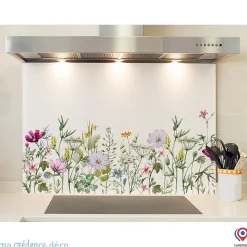 Crédence cuisine fond de hotte Dessin fleurs et aquarelle 2 - Verre trempé - L 90 cm x H 70 cm - MaCrédenceDéco