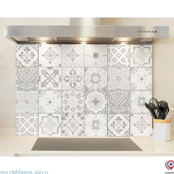 Crédence cuisine fond de hotte Carreaux ciments antique gris - Verre trempé - L 90 cm x H 70 cm - MaCrédenceDéco
