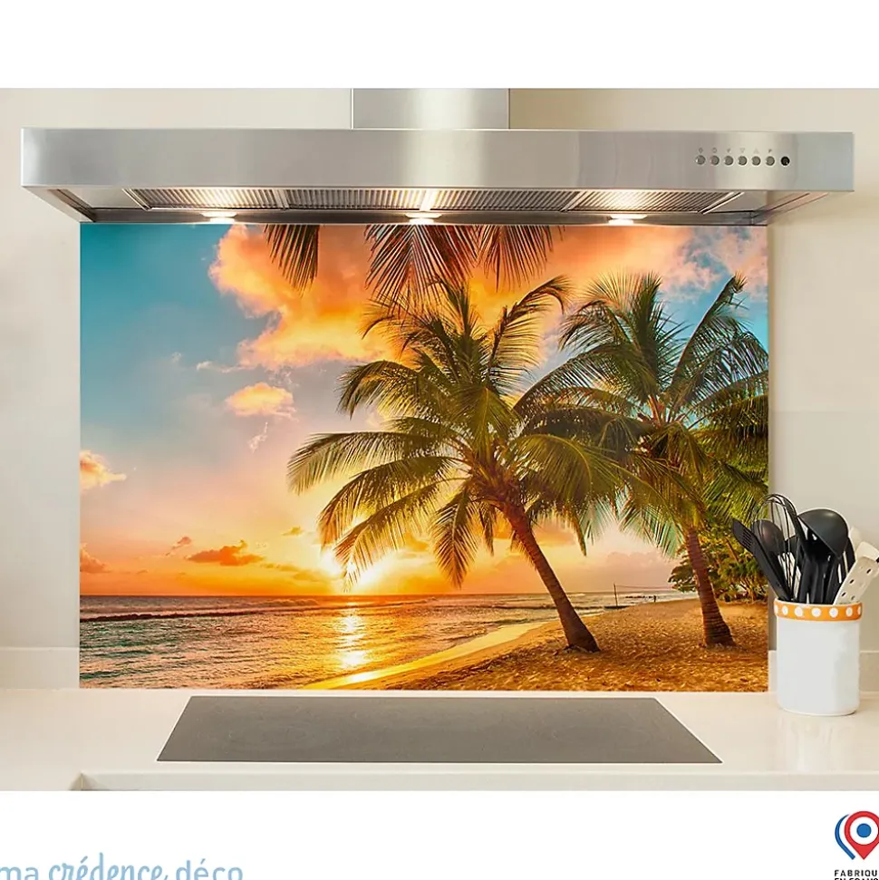 Crédence cuisine fond de hotte Palmiers et lumière - Verre trempé - L 90 cm x H 70 cm