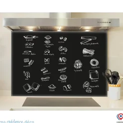 Crédence cuisine fond de hotte Ardoise et ustensiles - Verre trempé - L 90 cm x H 70 cm - MaCrédenceDéco