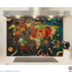 Crédence cuisine fond de hotte Epices et carte du monde 2 - Verre trempé - L 90 cm x H 60 cm - MaCrédenceDéco