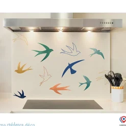 Crédence cuisine fond de hotte Oiseaux aquarelles - Verre trempé - L 60 cm x H 45 cm - MaCrédenceDéco