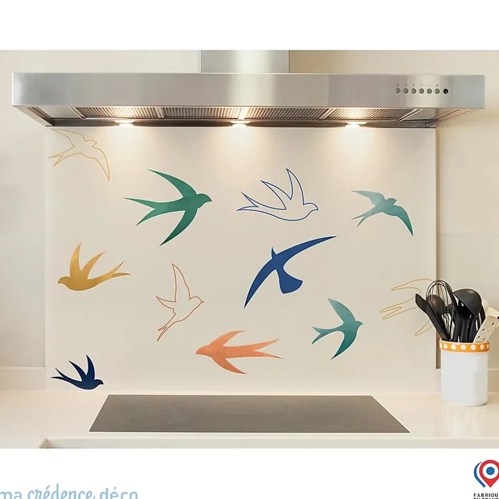 Crédence cuisine fond de hotte Oiseaux aquarelles - Verre trempé - L 60 cm x H 45 cm - MaCrédenceDéco