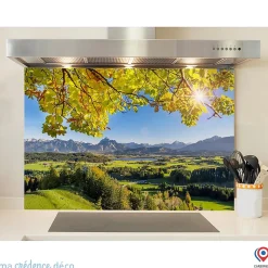 Crédence cuisine fond de hotte feuillage et montagnes - Verre trempé - L 90 cm x H 70 cm - MaCrédenceDéco