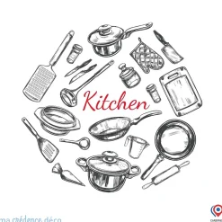 Crédence cuisine fond de hotte Dessin et ustensiles - Alu composite - L 60 cm x H 45 cm - MaCrédenceDéco