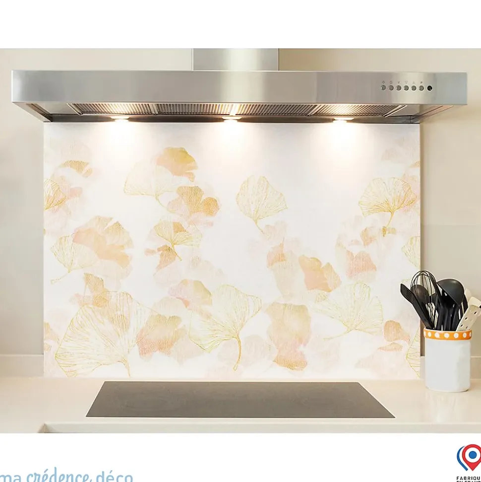 Crédence cuisine fond de hotte Gingkos dorés 1 - Verre trempé - L 90 cm x H 60 cm - MaCrédenceDéco