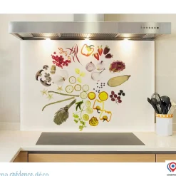 Crédence cuisine fond de hotte Légumes sur fond blanc - Verre trempé - L 90 cm x H 60 cm - MaCrédenceDéco