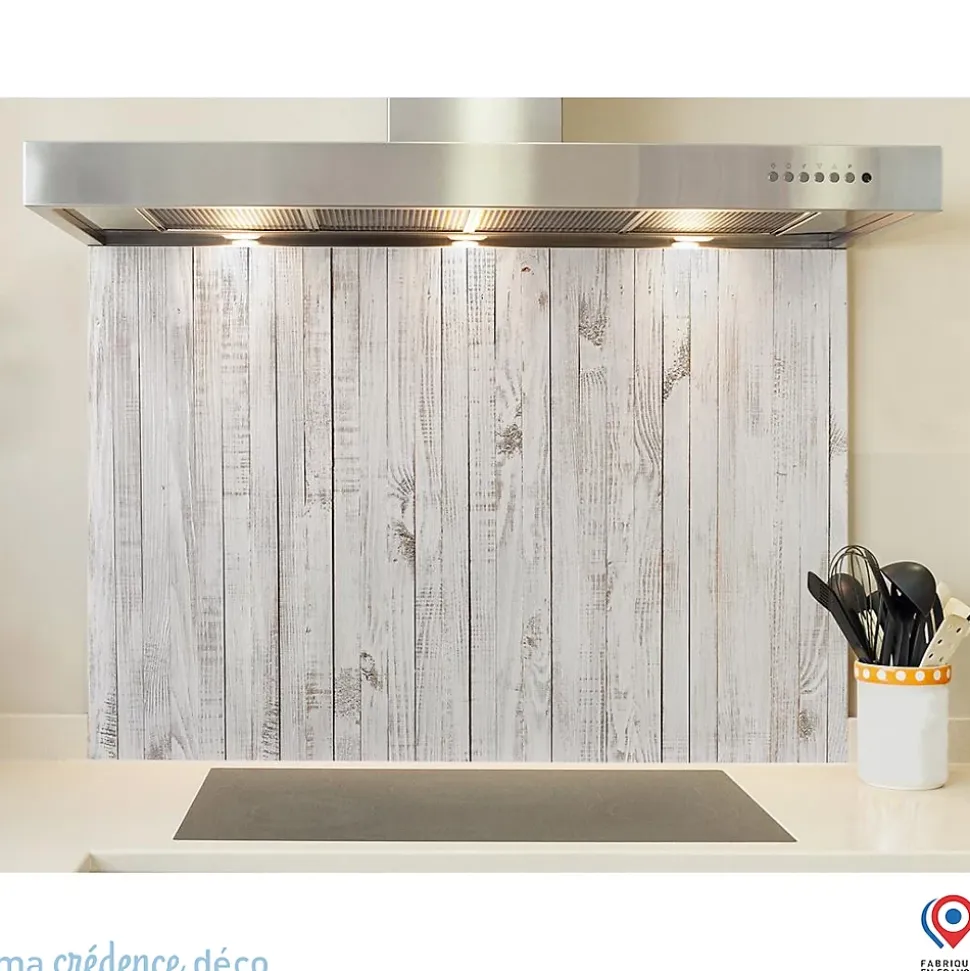 Crédence cuisine fond de hotte Bois peint en blanc - Verre trempé - L 90 cm x H 60 cm - MaCrédenceDéco