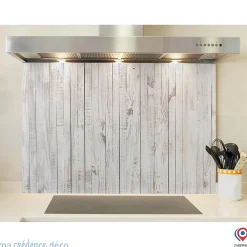 Crédence cuisine fond de hotte Bois peint en blanc - Verre trempé - L 90 cm x H 60 cm - MaCrédenceDéco