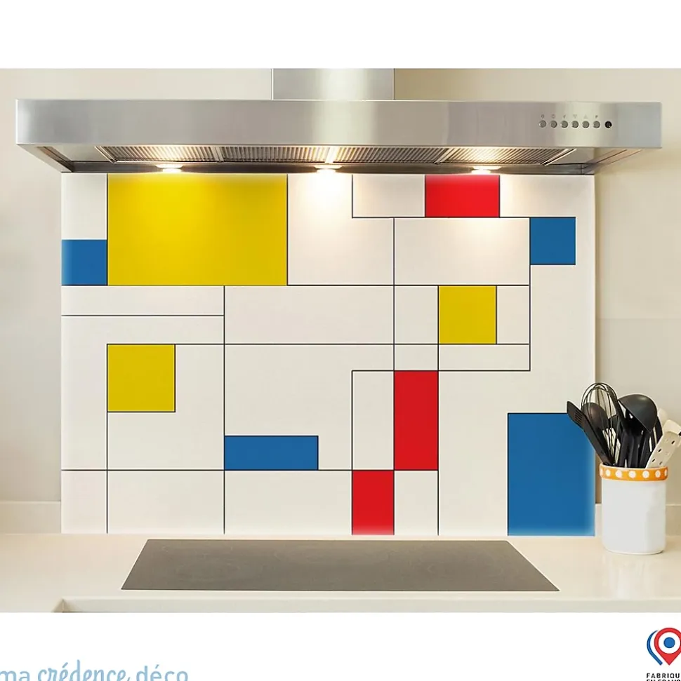 Crédence cuisine fond de hotte Mondrian - Verre trempé - L 60 cm x H 45 cm - MaCrédenceDéco