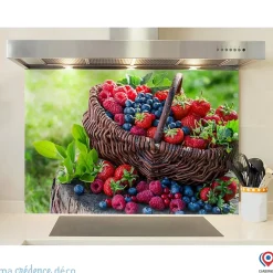 Crédence cuisine fond de hotte fruits et panier - Verre trempé - L 90 cm x H 70 cm - MaCrédenceDéco