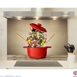 Crédence cuisine fond de hotte Marmite rouge et légumes - Verre trempé - L 70 cm x H 60 cm - MaCrédenceDéco