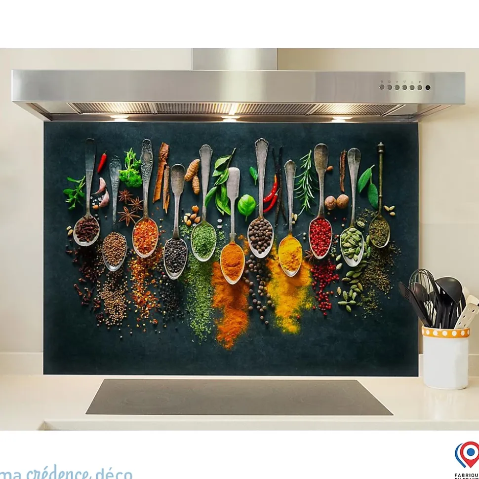 Crédence cuisine fond de hotte Epices et cuillères 2 - Alu composite - L 90 cm x H 70 cm - MaCrédenceDéco