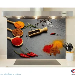 Crédence cuisine fond de hotte Epices sur ardoise 2 - Verre trempé - L 90 cm x H 70 cm - MaCrédenceDéco