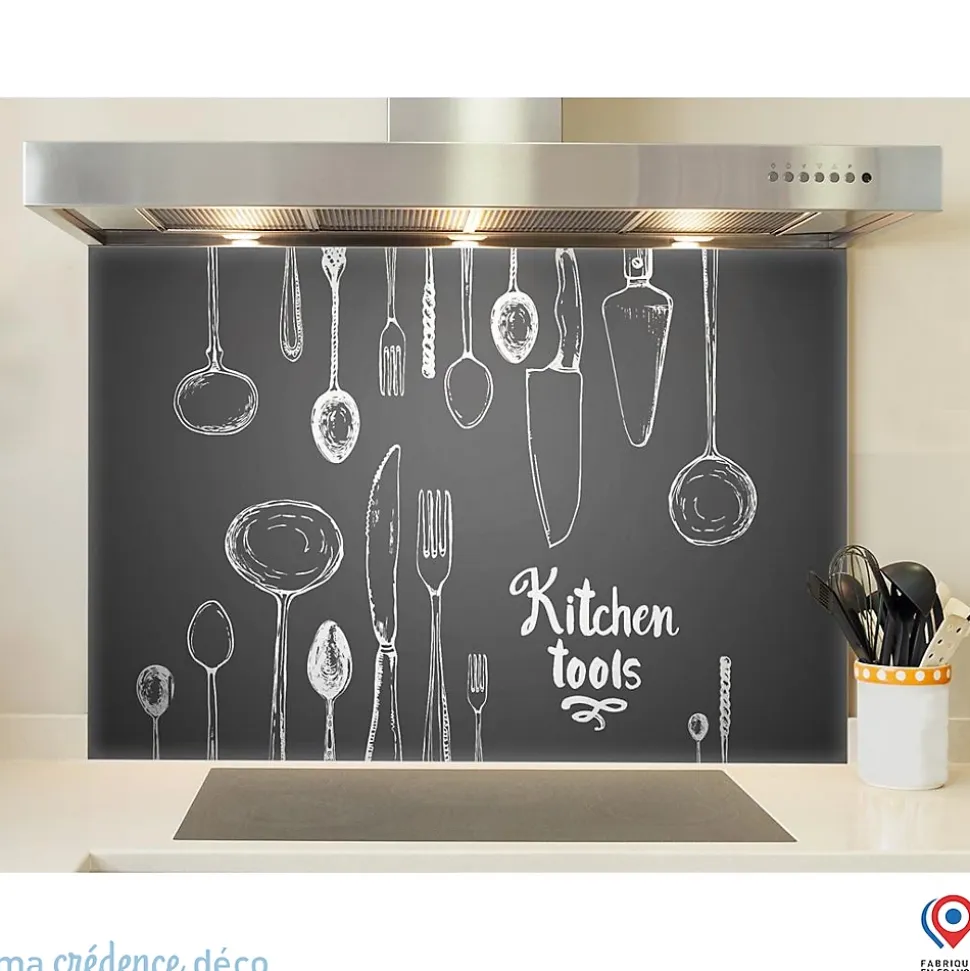 Crédence cuisine fond de hotte Ustensiles sur ardoise - Verre trempé - L 90 cm x H 70 cm - MaCrédenceDéco