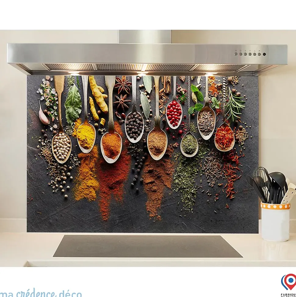 Crédence cuisine fond de hotte Epices et cuillères 5 - Verre trempé - L 60 cm x H 45 cm